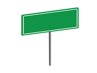 Blank green road sign on a black pole, perfect for customization or directional information., A green road sign set against a white background. 