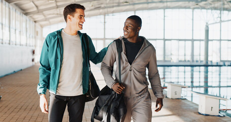 Smile, training and friends with people at swimming pool for fitness team, coaching and support....