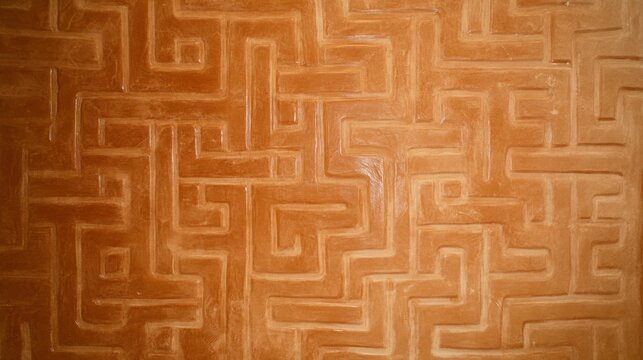 Intricate geometric maze pattern on wooden surface