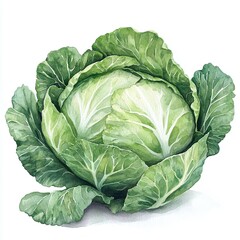 Obraz premium Realistic Watercolor Illustration of a Fresh Green Cabbage – Vibrant and Lush for Culinary and Artistic Use