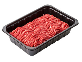 Raw minced meat in a black plastic tray container isolated on transparent background