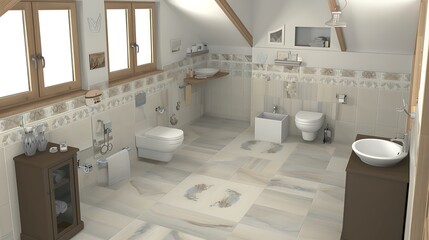 Elegant modern bathroom with multiple fixtures and natural light