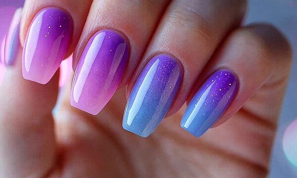 Close-up of ombre gradient manicure in purple and blue shades on long square nails with glossy surface. Concept of nail fashion and feminine elegance