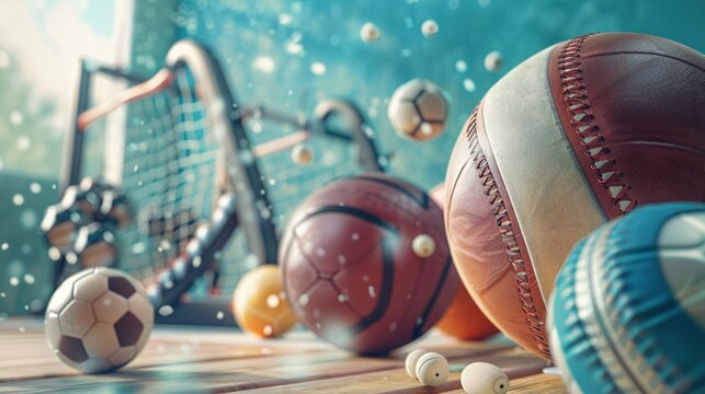 Various sports balls dropping and rebounding on a wooden surface with a blurred motion effect - Powered by Adobe