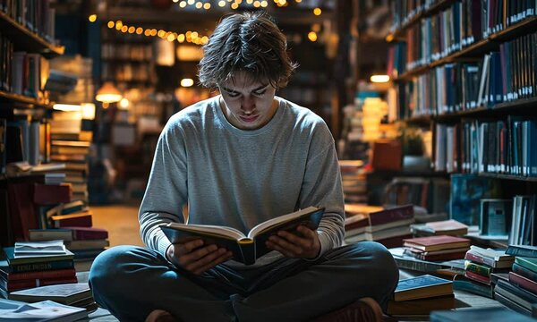 Young man in casual clothes reading book under warm lights in cozy library filled with bookshelves, atmosphere of focus and quiet learning. Concept of education and self-development