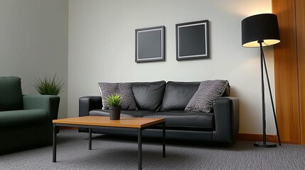 Comfortable room with a couch, table, floor lamp, and two pictures on the wall. Relaxed atmosphere