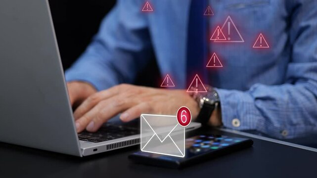 Businessman in office receiving phishing messages and emails on his phone. 3D graphic warnings icons alerting cybersecurity threats