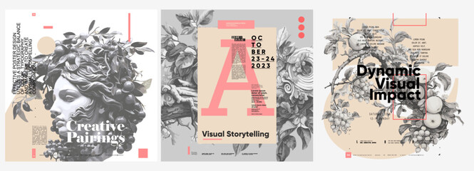 Ancient Greek painting and sculpture. Antique bust, branches with foliage and vines. Typography poster design and vectorized watercolor paintings on a background.