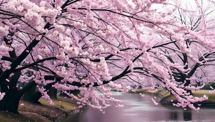 Fototapeta premium Cherry Blossoms in Full Bloom by Tranquil Waterway”