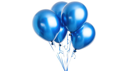 A cluster of shiny blue balloons tied together with ribbons against a black background studio shot