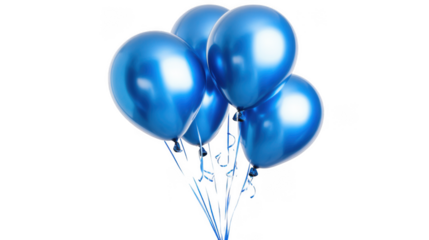 A cluster of shiny blue balloons tied together with ribbons against a black background studio shot