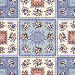 Obraz premium Patchwork pattern with rose floral ornaments. Stylized rose flowers, lines, plants and lace. Vintage boho style.