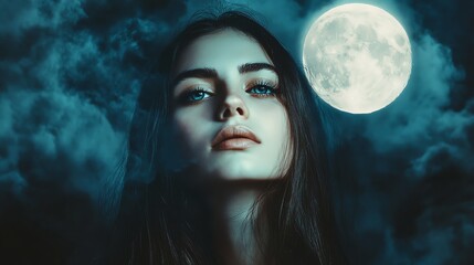 Fototapeta premium Mystical woman under a full moon at night.