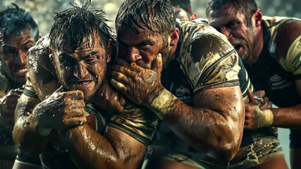 A group of rugby players fiercely competes in a muddy field under pouring rain, demonstrating their strength and camaraderie as they tackle each other.