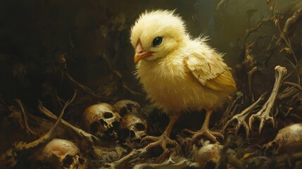 A Tiny Chick Amidst the Remains: A Surreal Painting