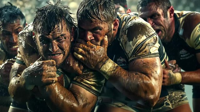 A group of rugby players fiercely competes in a muddy field under pouring rain, demonstrating their strength and camaraderie as they tackle each other.