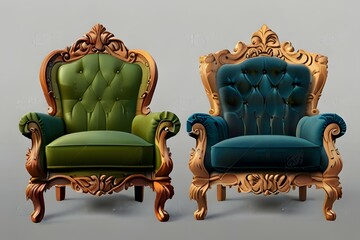 Luxury Blue Golden Armchair with Golden Wall and Plant on Table, using Generative Ai