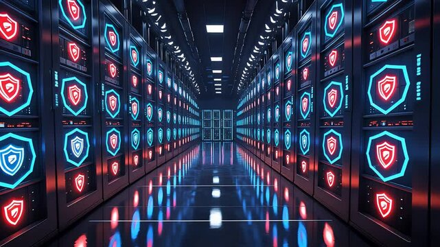 Futuristic Data Center Corridor with Rows of Secure Servers Displaying Glowing Shield Icons and Cyber Elements

