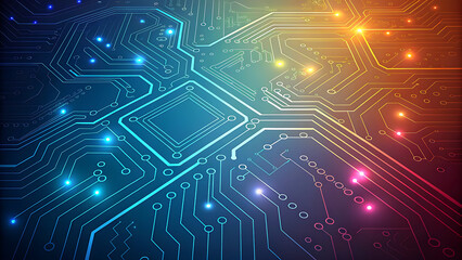 An abstract design featuring a high-tech circuit board texture, with intricate motherboard patterns and vibrant, glowing connections.
