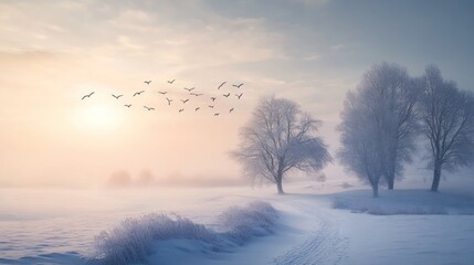 Serene Winter Sunrise: A Flock of Birds in Flight Over a Frosty Landscape