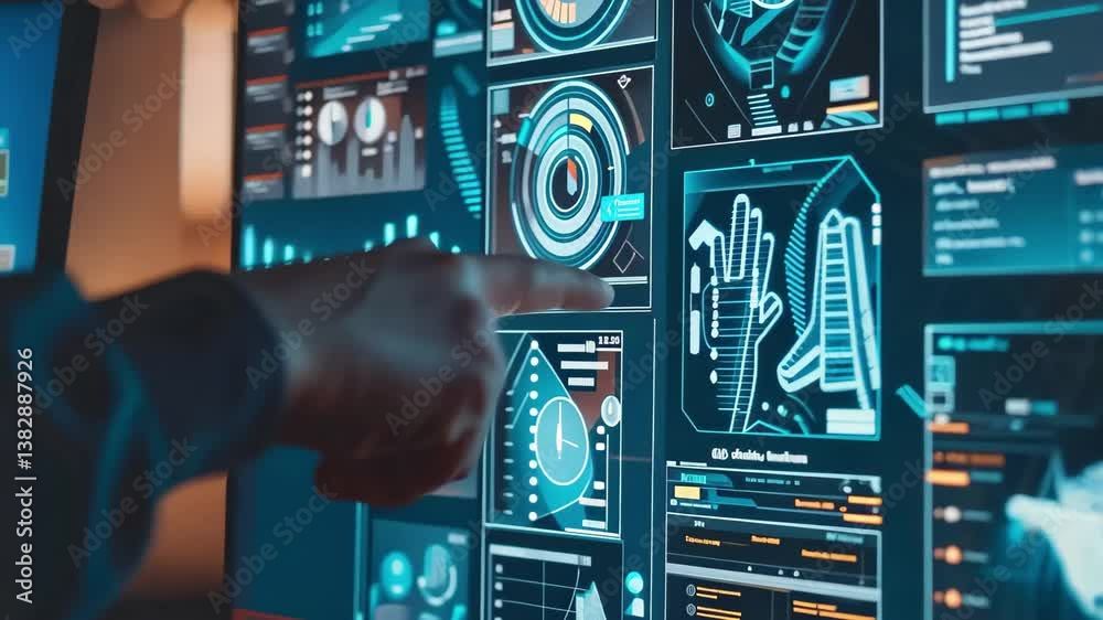 Poster an individual engages with intricate digital graphs and maps displayed on a sleek monitor in a moder