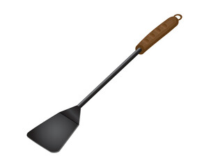 vector design of a black frying spoon with a brown wooden handle for frying meat and other types of food