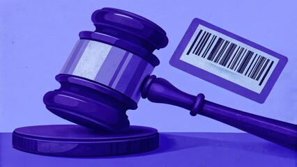Obraz premium law restriction policy concept. Gavel with barcode on a blue background, symbolizing law and commerce.