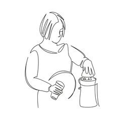 One continuous single drawing line art flat doodle healthy eating, pregnant, woman, adult, fruit, squeezing, drink. Isolated image hand draw contour on a white background, hand drawn, not AI