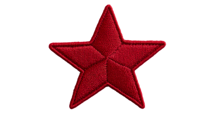 Vivid red star embroidery, five point geometric shape symbol, cut out transparent