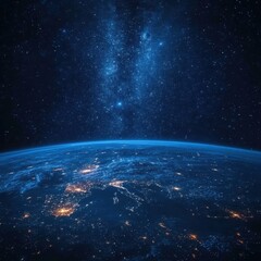 Obraz premium Stunning aerial view of Earth at night with city lights illuminating the darkness and a starry sky above creating a sense of wonder and vastness