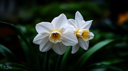 White Daffodils Bloom in Dark Garden.