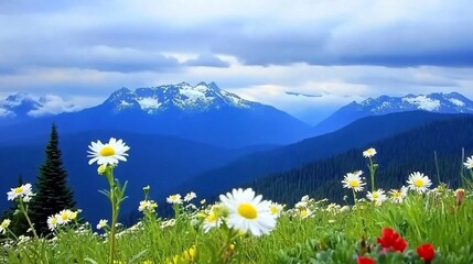 Serene Mountain Meadow: A breathtaking view of snow-capped mountains and a vibrant field of daisies under a partly cloudy sky.