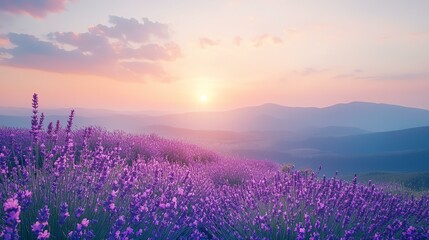 Naklejka premium A breathtaking view of a lavender field at sunset, showcasing vibrant purple flowers against a soft pastel sky, creating a serene and tranquil landscape.