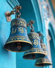 Obraz premium A close-up view of beautifully crafted blue bells with intricate gold designs, hanging against a vibrant blue background, showcasing traditional craftsmanship and cultural signific