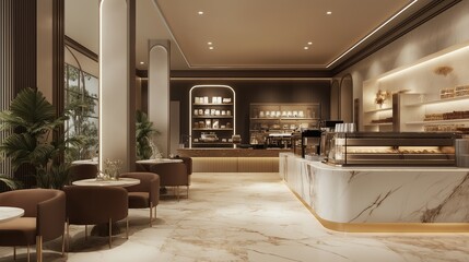 A modern restaurant with a dining table and chairs.