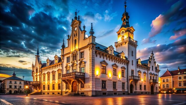 Rzeszow City Hall, Poland: Majestic Architecture at Sunset - Stock Photo
