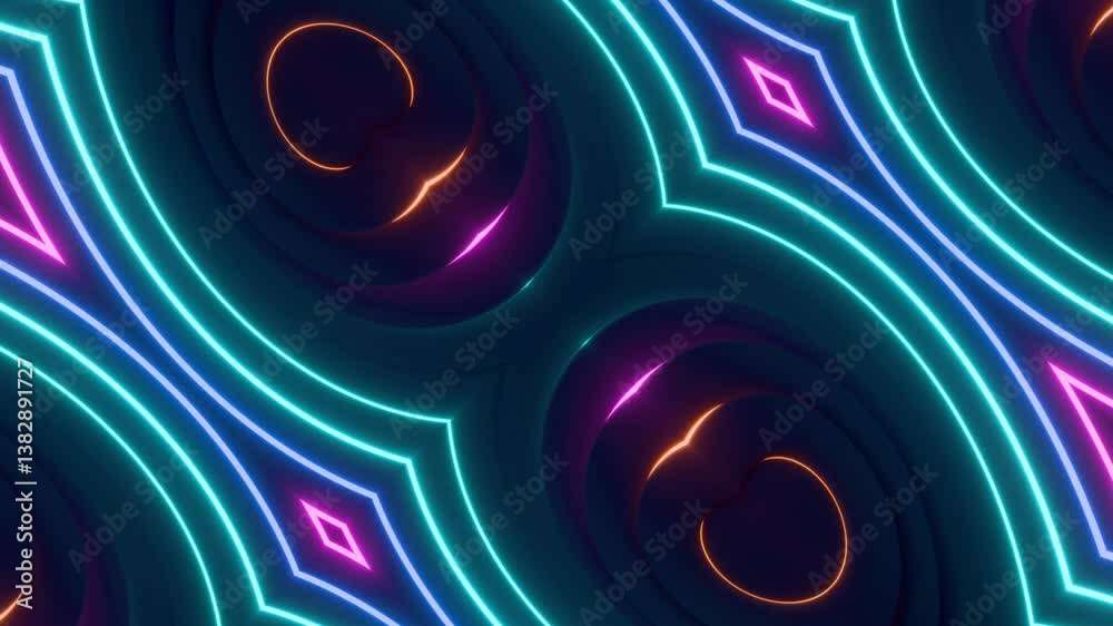 Wall mural abstract colorful glowing circle neon light background video, wallpaper 4k seamless loop motion grap