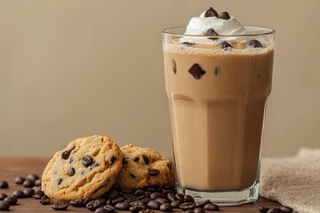 A refreshing cold coffee drink with cookies and coffee beans
