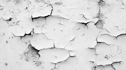 Obraz premium A cracked and damaged white wall texture serves as a rugged, detailed background, showcasing the wear and tear over time.