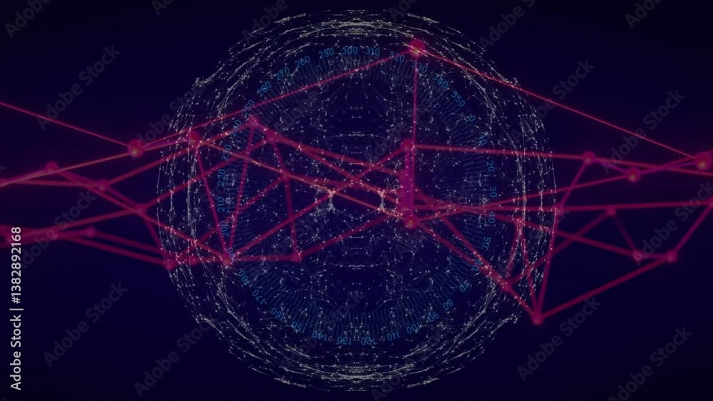 Poster animation of digital network sphere with red lines and binary code overlay