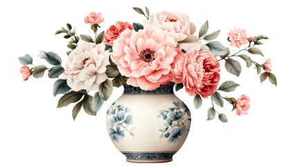 Obraz premium Floral arrangement in a porcelain vase, painting style, cut out transparent