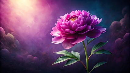 A surreal purple backdrop cradles a single, artistic peony, leaving ample copy space.