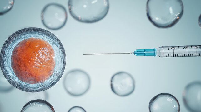 Close-up illustration of a syringe approaching a biological cell, symbolizing stem cell therapy, genetic research, or medical innovation.
