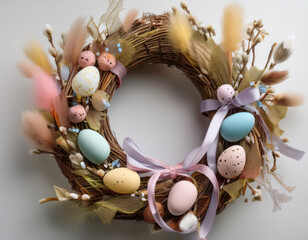 Naklejka premium A close-up of an Easter wreath decorated with dried flowers, pastel ribbons, and small hand-painted eggs.