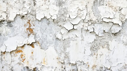 Obraz premium A cracked and damaged white wall texture serves as a rugged, detailed background, showcasing the wear and tear over time.
