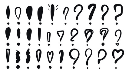 Exclamation and question mark doodle sketch style set. Hand drawn ink question and accent icons. Group of punctuation marks of different variations, vector graphics