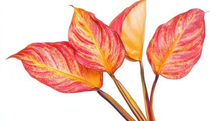 Vibrant red and yellow patterned leaves against white background.  Possible use Botanical illustration, nature photography