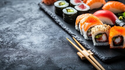 Sushi Assortment on Slate Board with Chopsticks, Delicious Japanese Cuisine