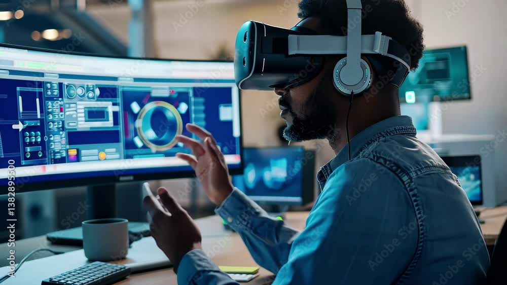 Poster the individual is immersed in virtual reality development, manipulating controls as he interacts wit