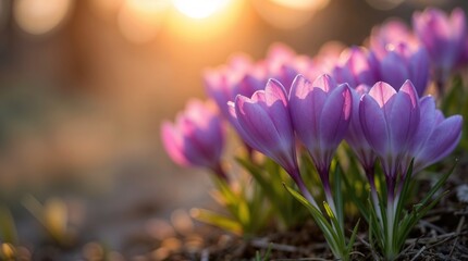 The blossoming of spring crocuses. The sun shining on purple blooming flowers in the springtime.